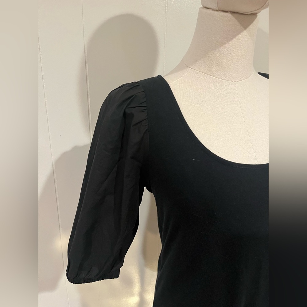 Anthropologie Sundays Ayla Dress, Black Puff Sleeve Scoop Neck Fitted Dress - Picture 2 of 7